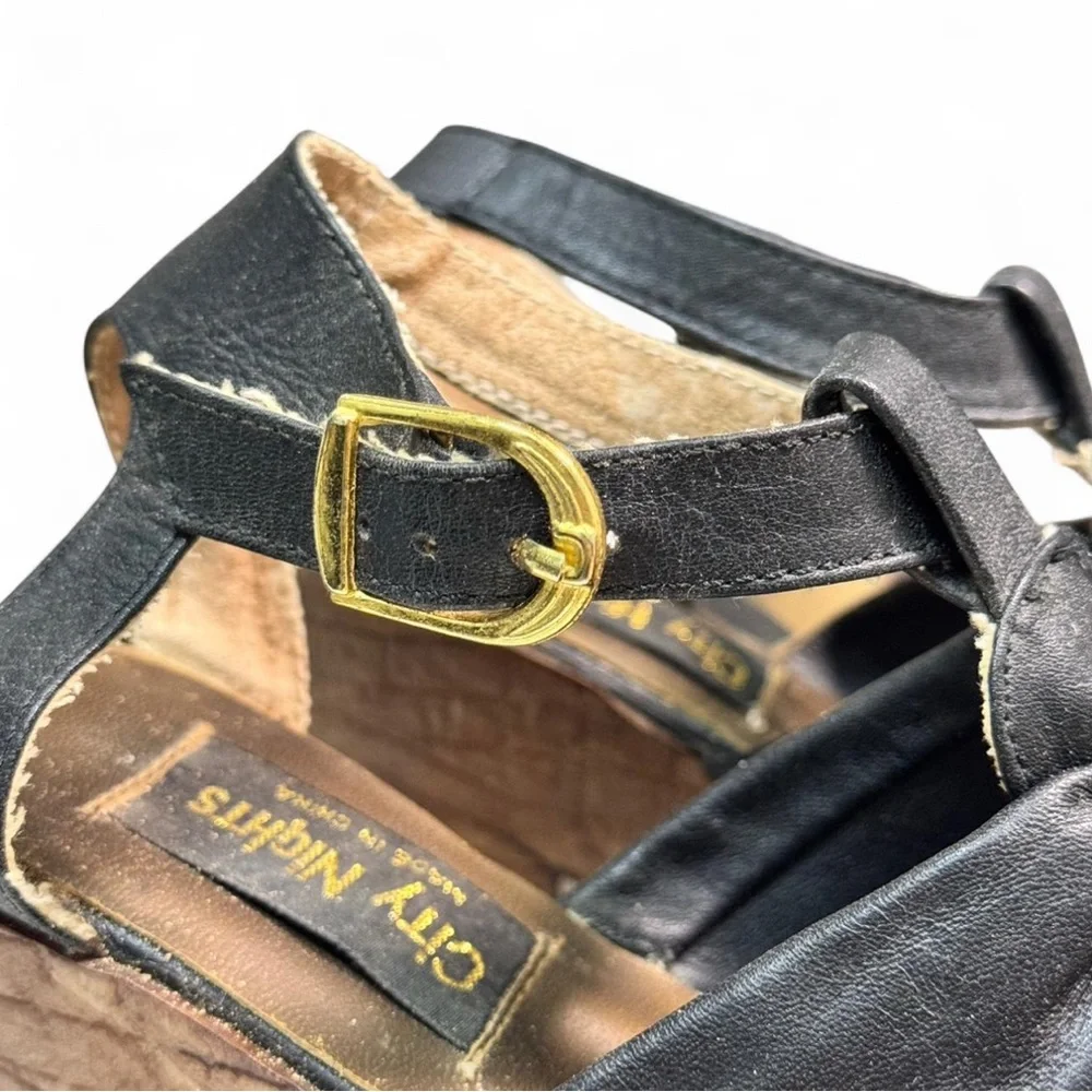 Vintage City Nights Black Leather Platform Sandal Clogs Gold Buckle‎ Size 6 est.